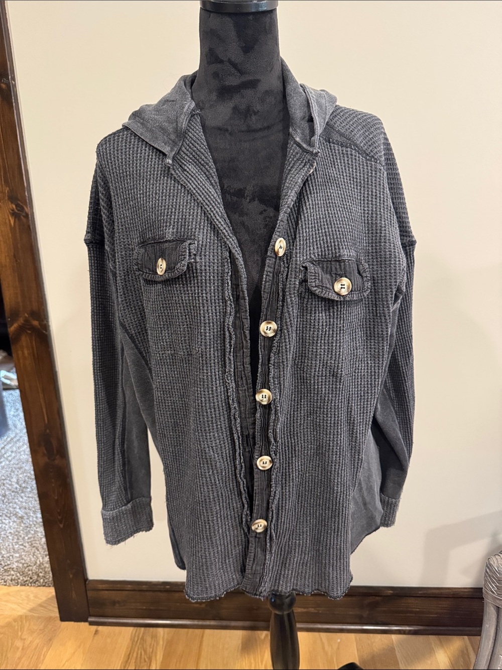 Charcoal Hooded Waffle-Knit Women’s Sweater Shirt